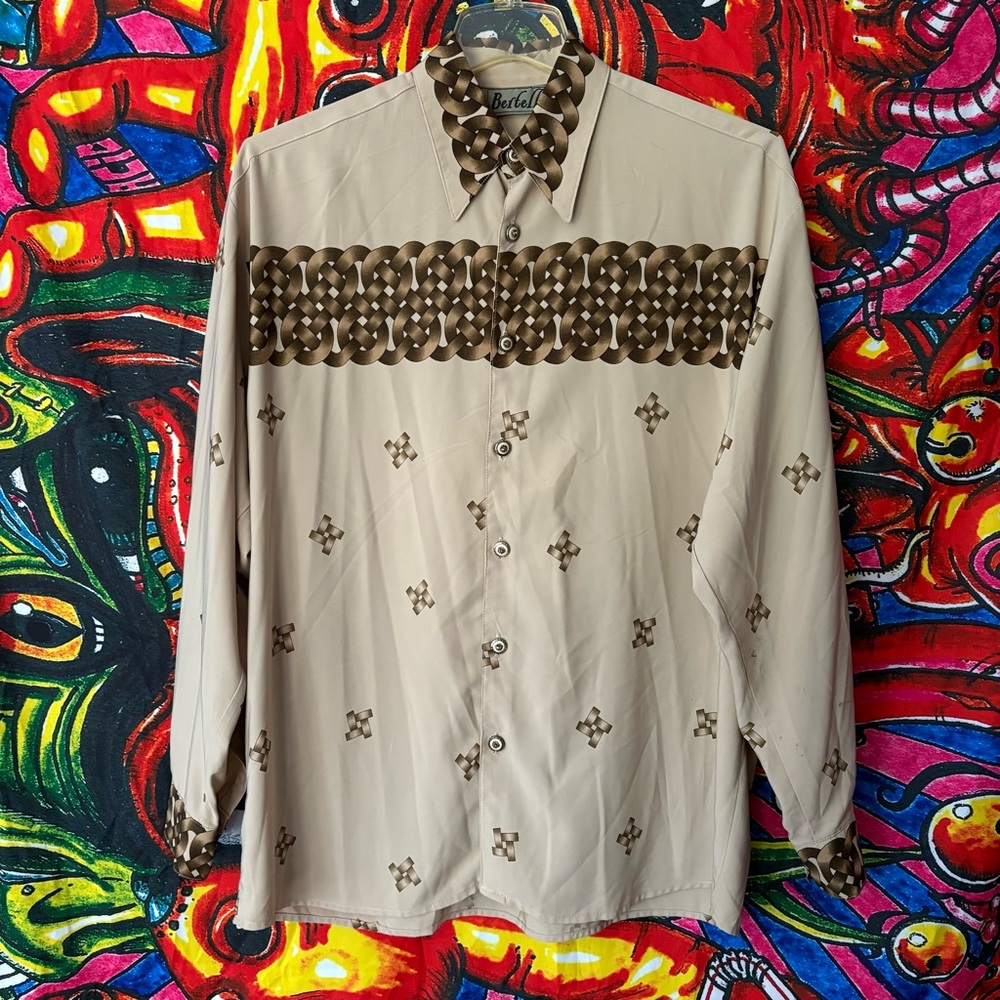 Vintage Bertelli Microfiber Button-Down Shirt M Tan Brown Lion Buttons